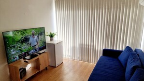 A living room with a TV on a wooden stand, a blue sofa, and a white curtain. - Apartment close to the beach, restaurant and beautiful sunsets. (Viña del Mar)