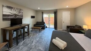 A room with a bed, a desk, a chair, a sofa, and a TV. - Relax and Refresh at this Studio Apt. in South ATX (Austin)