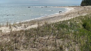 A coastal beach with sand, grass, and the sea. - Enjoy a bed & breakfast with view of Lake Huron, sunrises and eagles! (Ocqueoc)