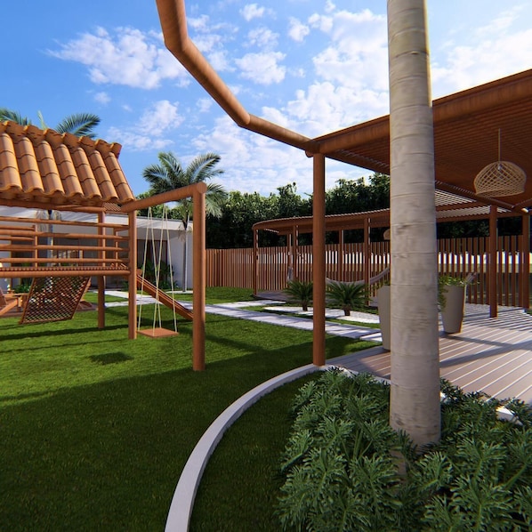 Un espacio exterior moderno con una pérgola de madera, un conjunto de columpios y un jardín circular.