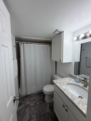 Une salle de bain avec un rideau de douche, des toilettes, un lavabo doté d’un plan de travail en marbre et un miroir avec éclairage.