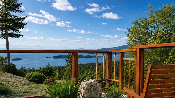 A wooden deck with a view of a lake and mountains. - Sweeping Pacific Views & Unforgettable Sunsets · Your Island Escape, 20 Min Away (Bowen Island)