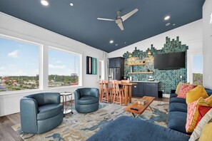 House, Multiple Beds, Pool Access, Ocean View (Beachfront Breezes) | Living area - 6BR Gulf-front Home, Sleeps 19, Heated Pool & Mini Golf (Panama City Beach)