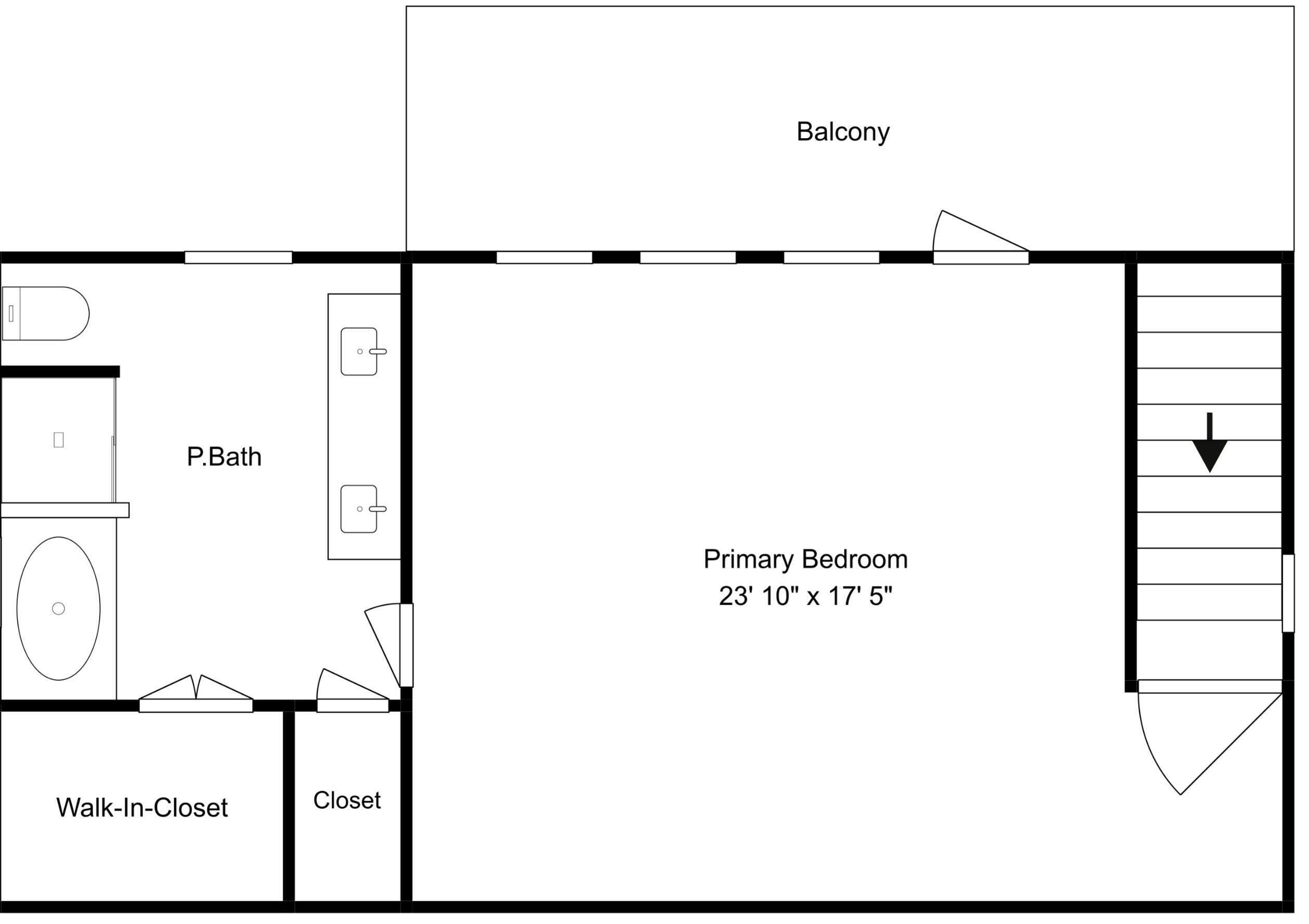 A floor plan with a primary bedroom measuring 23' 10' x 17' 5', a walk-in closet, a P.Bath, and a balcony.