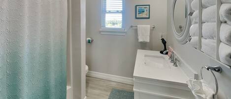 Une salle de bain équipée d’une douche, d’un lavabo, d’un porte-serviettes, d’une fenêtre avec des stores et d’un tableau encadré au mur.
