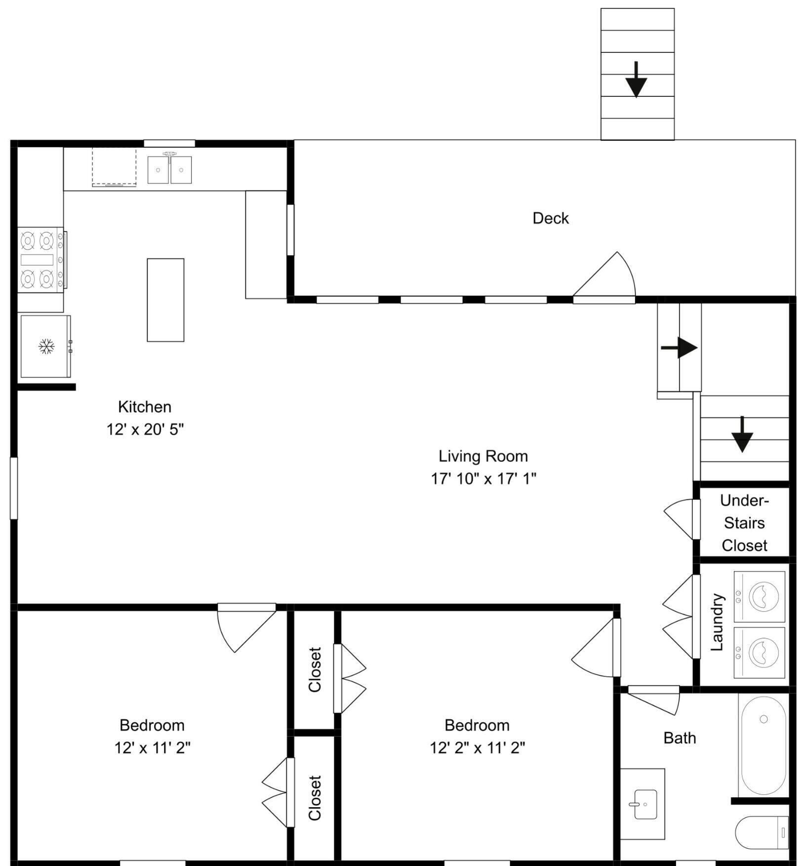 A floor plan with a kitchen, two bedrooms, a living room, and a bathroom.