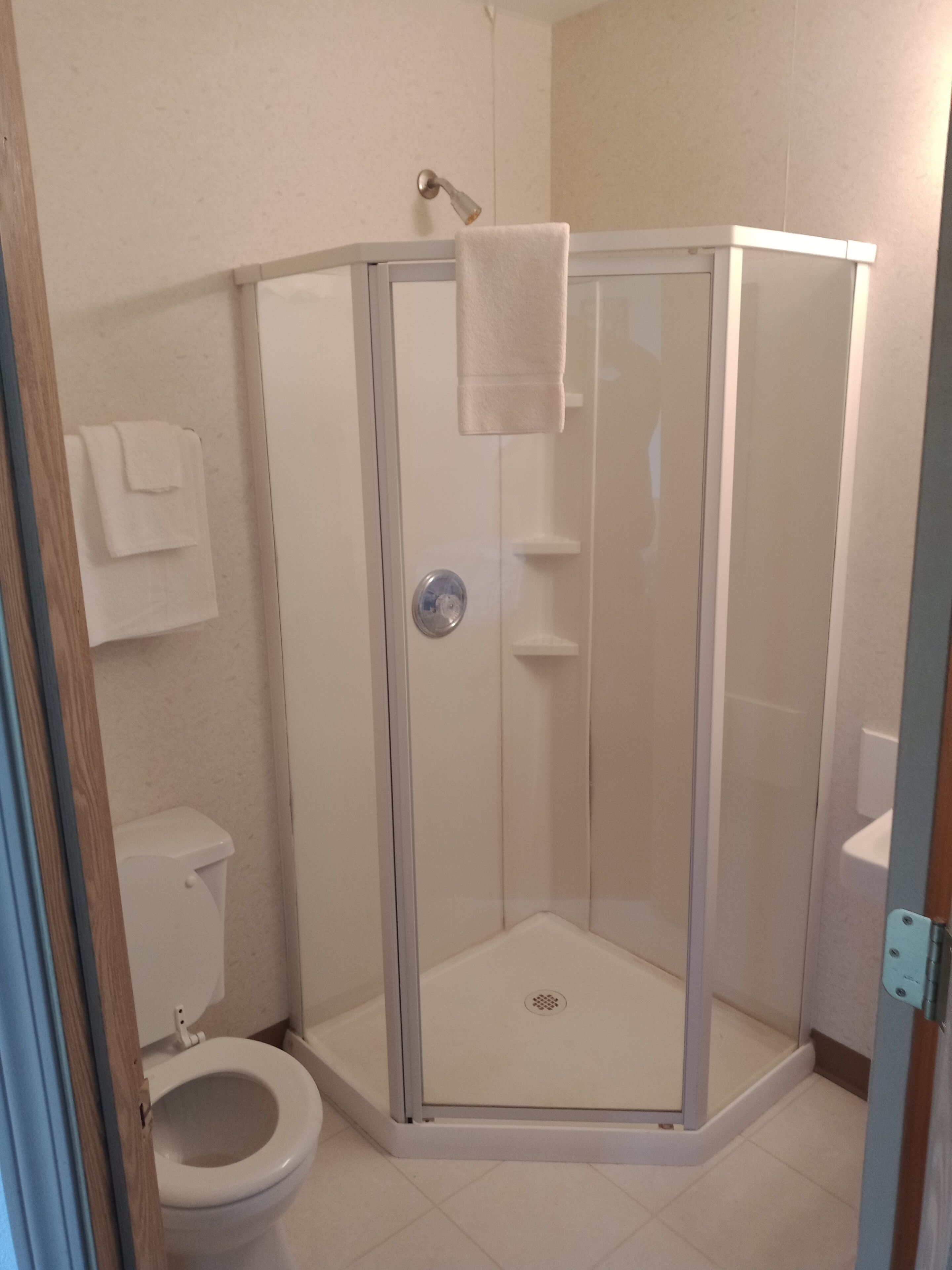 A glass-enclosed shower stall with a white towel hanging on the door handle.