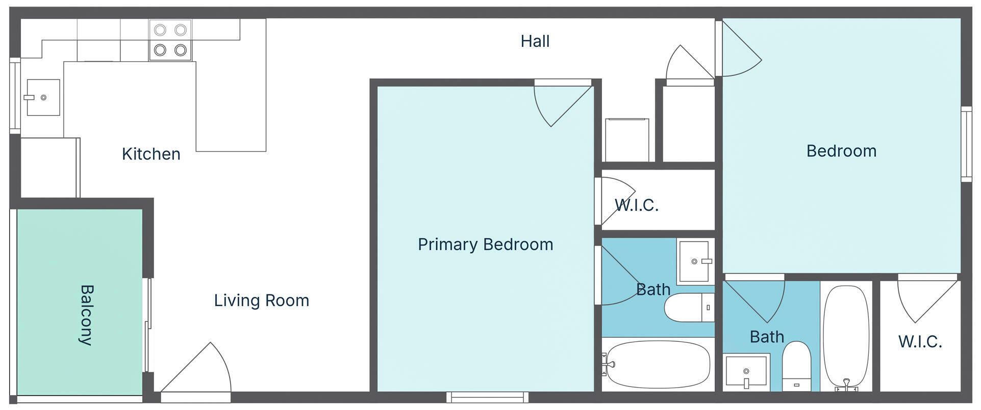 Indeling van een hotelkamer met keuken, woonkamer, balkon, slaapkamer, tweede slaapkamer, gang en twee badkamers.
