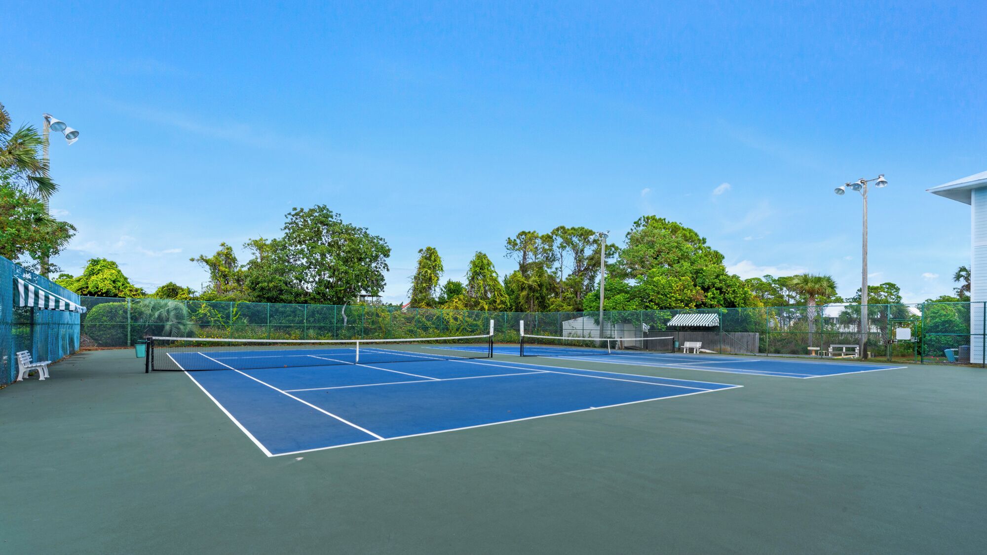 A tennis court with a net, surrounded by trees and a fence.