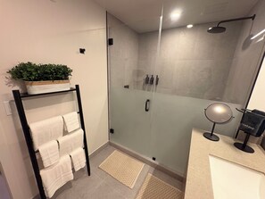 Douche, sèche-cheveux, serviettes fournies, savon