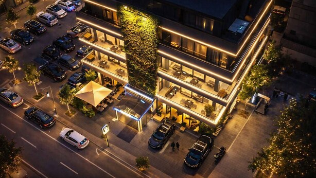 Um hotel com vários andares, um terraço no telhado, estacionamento e uma entrada bem iluminada.