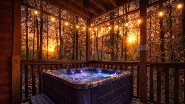 A hot tub in a wooden deck with string lights, surrounded by trees. - NEW! Cozy 2BR Cabin w/PT, Hot Tub, & Pool Access (Sevierville)
