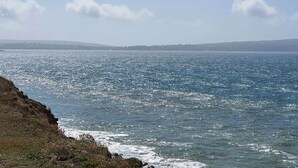 Un paisaje costero con vista despejada al mar y colinas distantes.