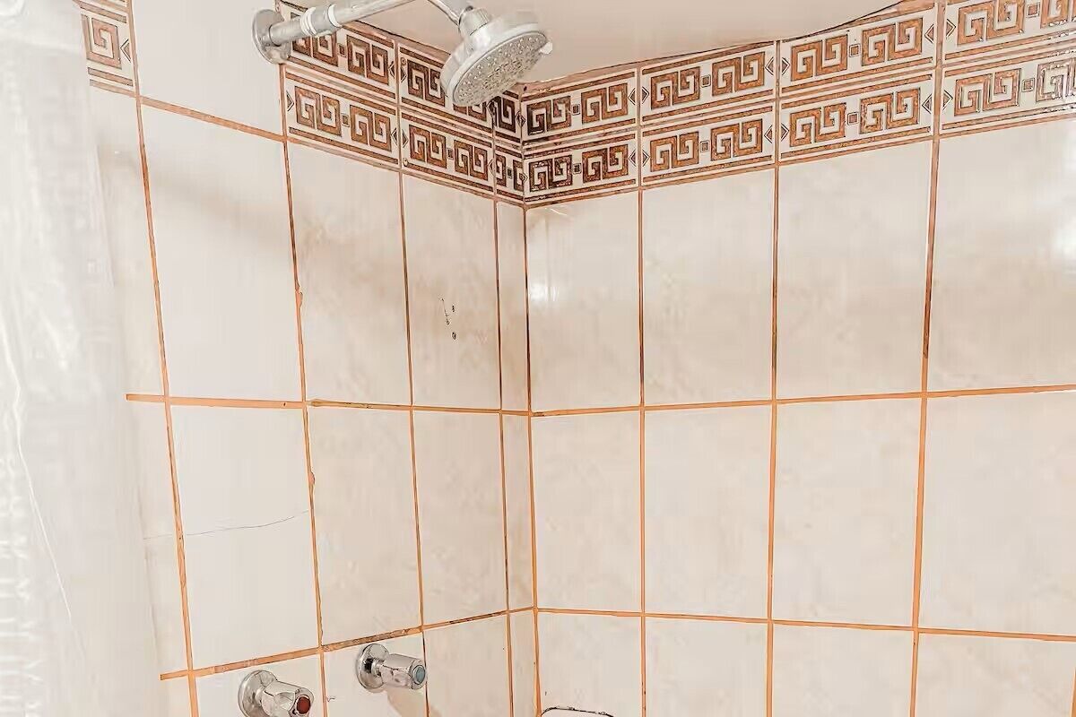 A bathroom with a shower, tiled walls, and a decorative border.