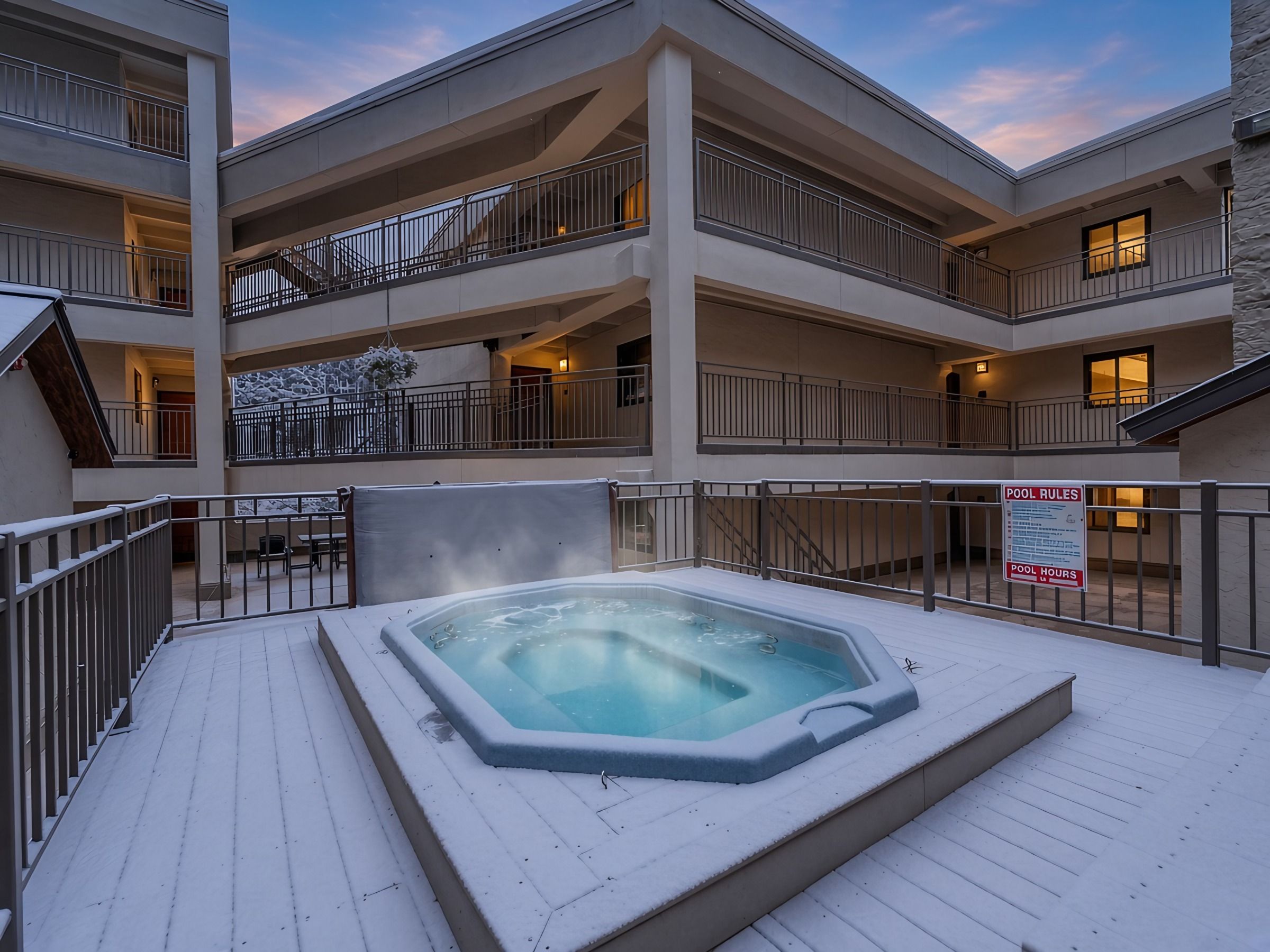 【Hot Tub at Twilight】Shared courtyard deck hot tub — a warm soak under the evening sky