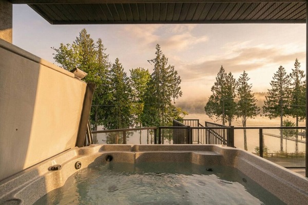 Private saltwater hot tub on the deck, overlooking Lake Cowichan.