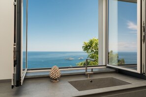Un baño moderno con un ventanal grande, un lavabo y una piña decorativa.
