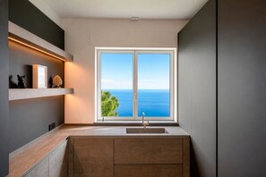 Eine moderne Küche mit einem großen Fenster, einer integrierten Spüle und einem Regal mit Dekoration.