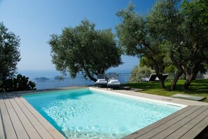 Una piscina rectangular con un deck de madera, rodeada de árboles y una cerca metálica.