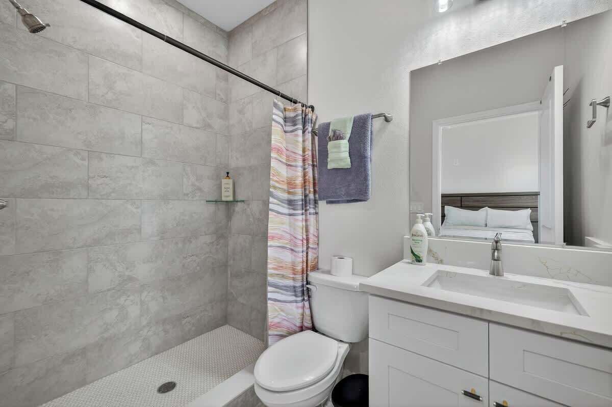 Shower, hair dryer, shampoo