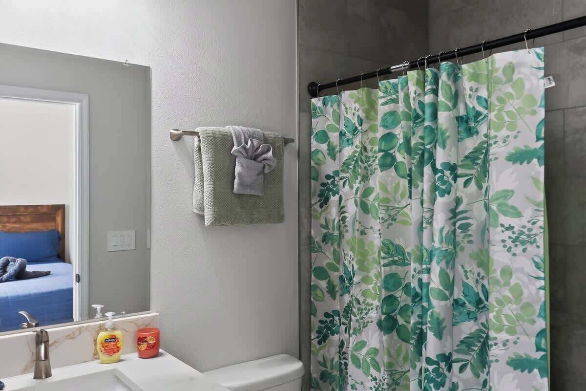 Shower, hair dryer, shampoo