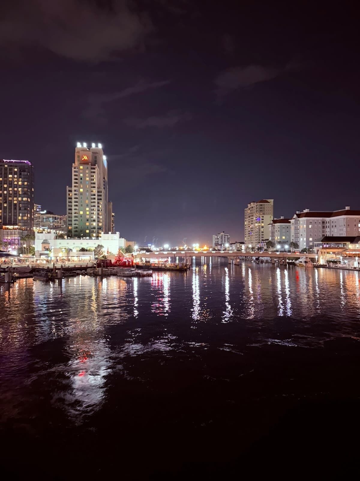A nighttime cityscape with illuminated buildings along a waterfront.