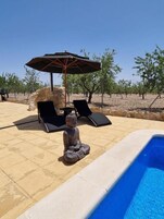 A pool area with a Buddha statue, lounge chairs, and an umbrella.