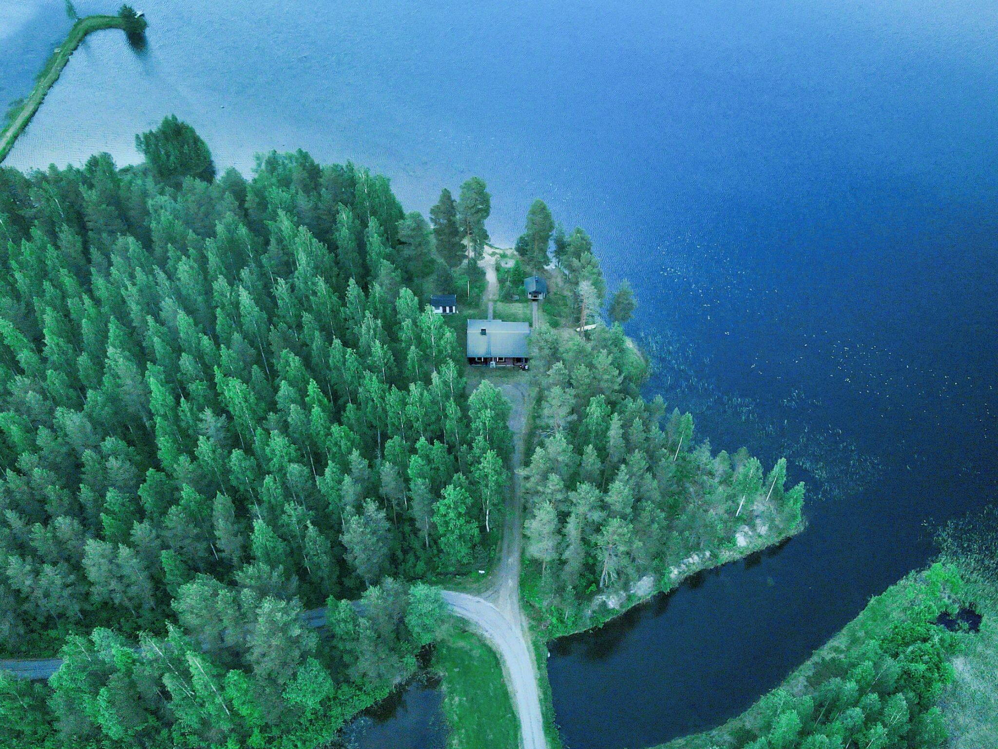An aerial view of a forested area with a small building, a road, and a body of water.