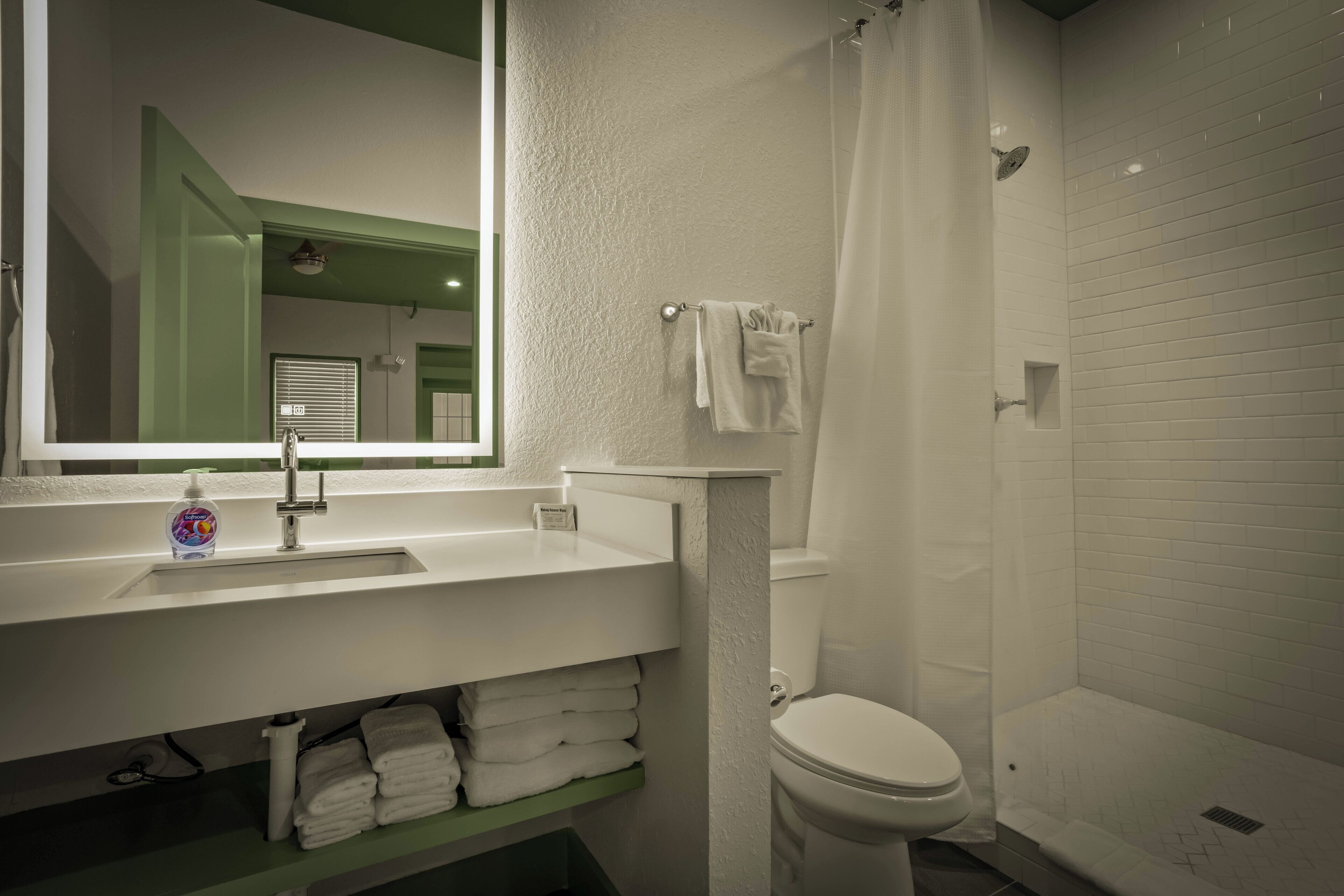 Een badkamer met een wastafel, toilet en douche.