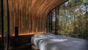 A bedroom with a curved wooden ceiling, a large bed, and a view of a forest through a large window.