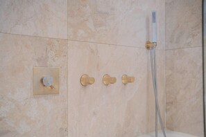 Dusche, Haartrockner, Handtücher, Shampoo
