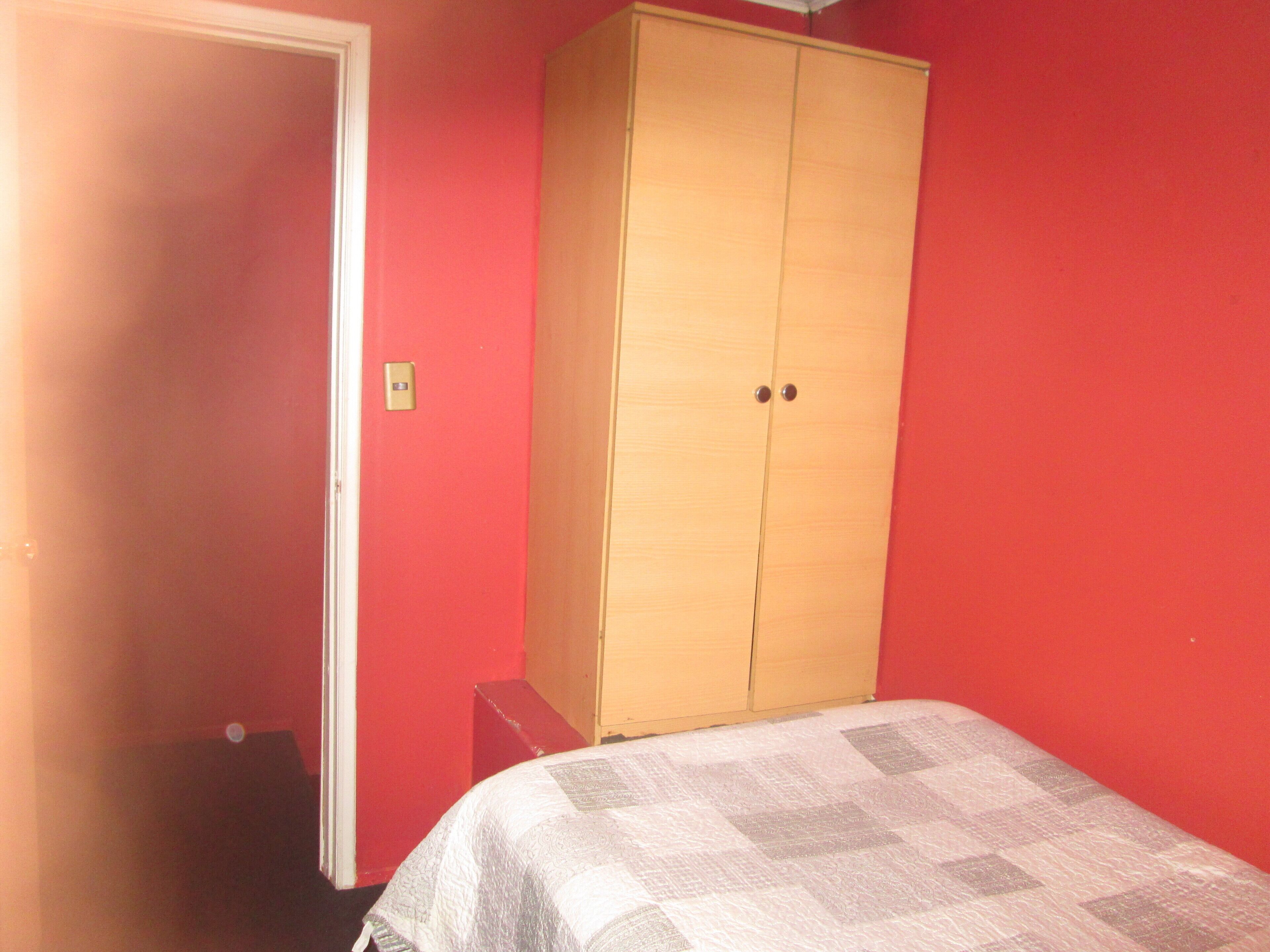 A room with a bed, a wardrobe, and a door.