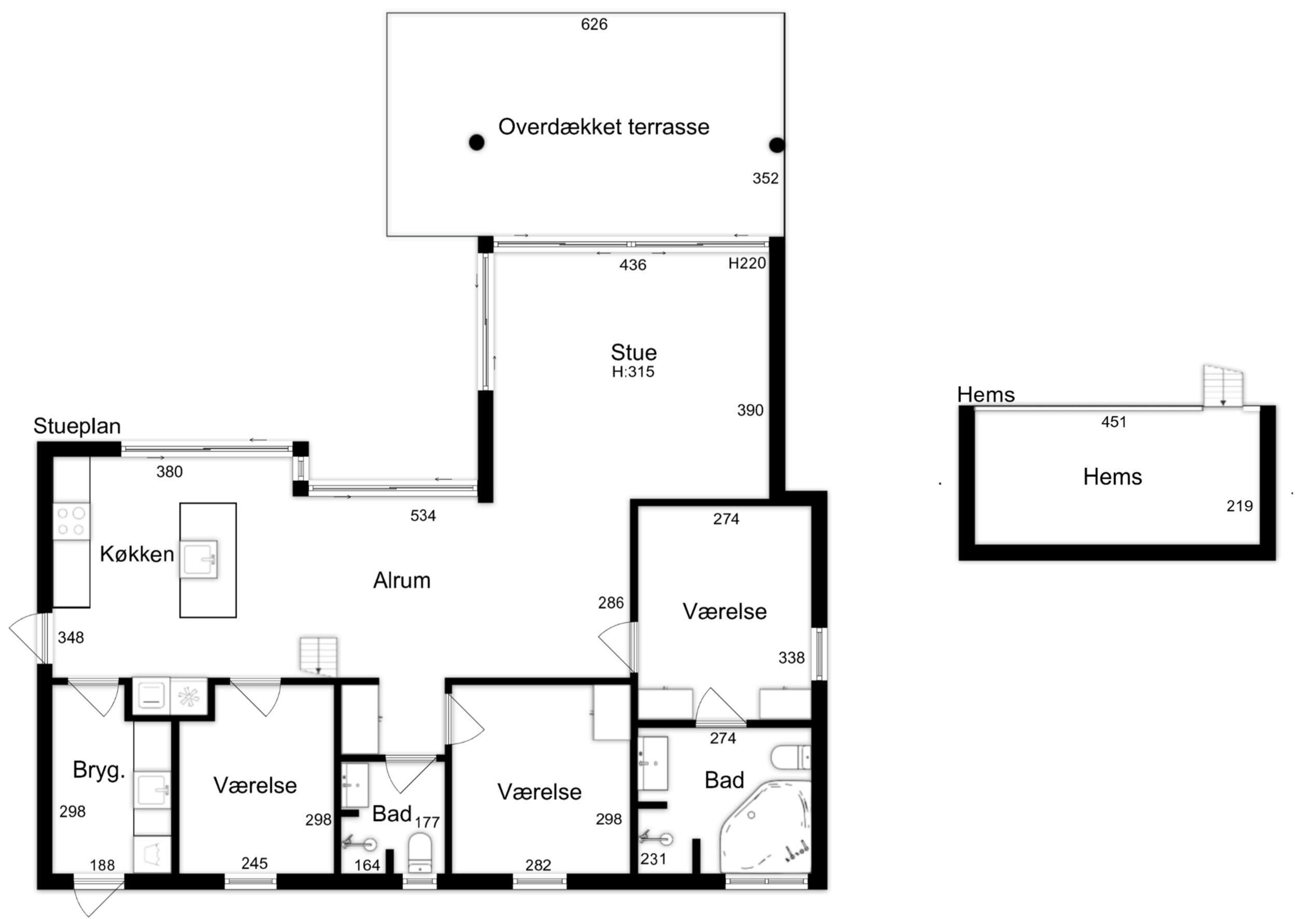 A hotel floor plan with a kitchen, dining area, and multiple ensuite bathrooms.