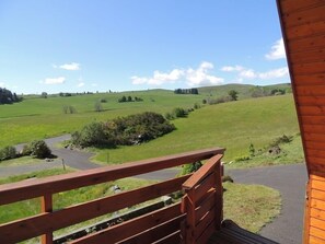 Ein Holzbalkon mit Blick auf ein grünes Feld und eine Straße.