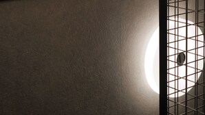 A wall with a circular light fixture, a framed picture, and a grid-like structure. - Design Mountain Home in Center of Bormio (Bormio)