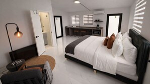 Une chambre à coucher moderne avec un lit, une table de chevet, une lampe et une vue sur un coin cuisine.
