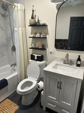 Hair dryer, towels, soap, toilet paper