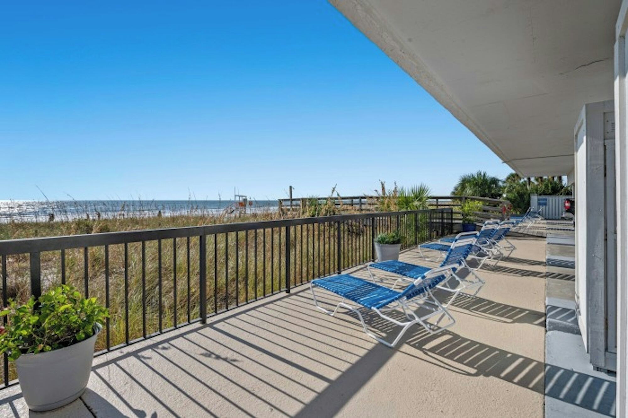 Un balcon avec vue sur la plage, une plante en pot et des chaises longues.