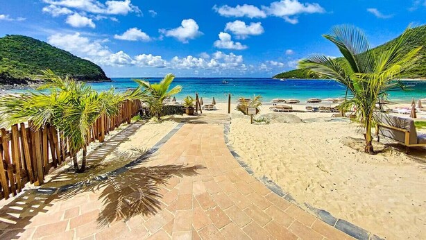 A beach pathway leading to a sandy beach with palm trees, beach chairs, and umbrellas. - Coeur de Marina, Anse Marcel Beach within Walking Distance,  full AC (Anse Marcel)