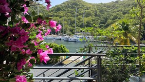 A marina with boats docked, surrounded by lush greenery and hills. - Coeur de Marina, Anse Marcel Beach within Walking Distance,  full AC (Anse Marcel)