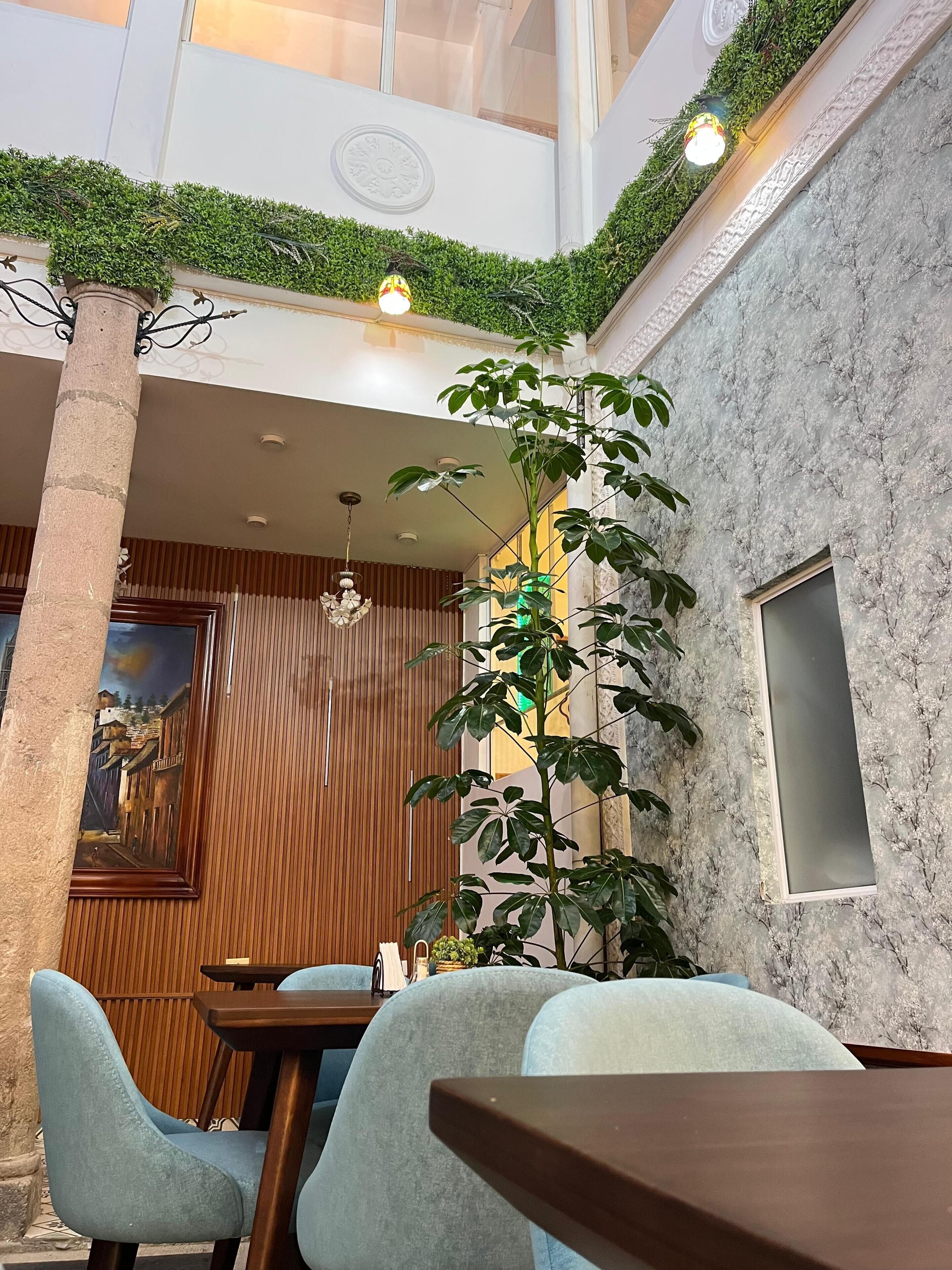 Un comedor con techo alto, una planta grande y un cuadro en la pared.