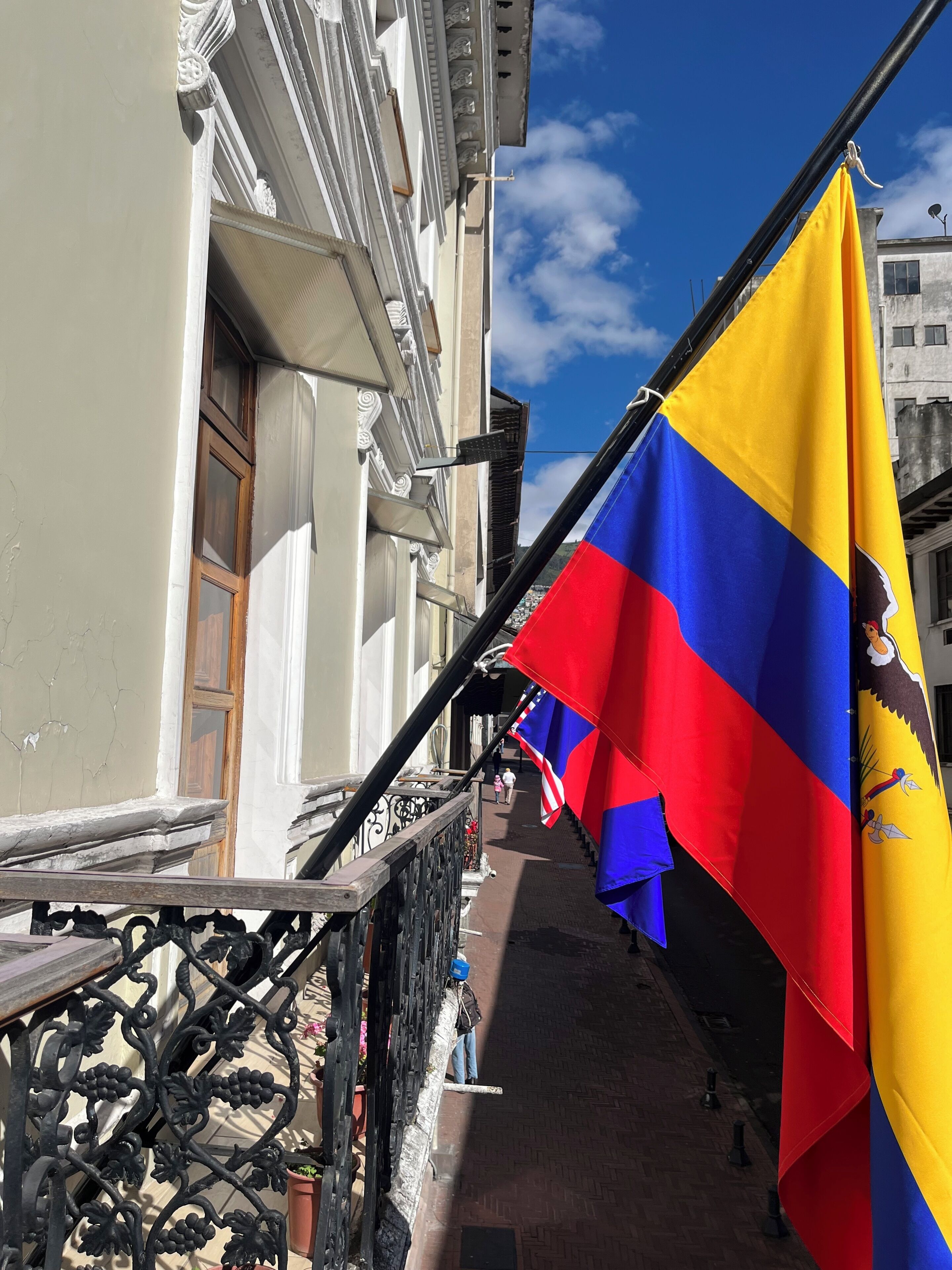 A building facade with a balcony railing, a flag, and a clear sky.