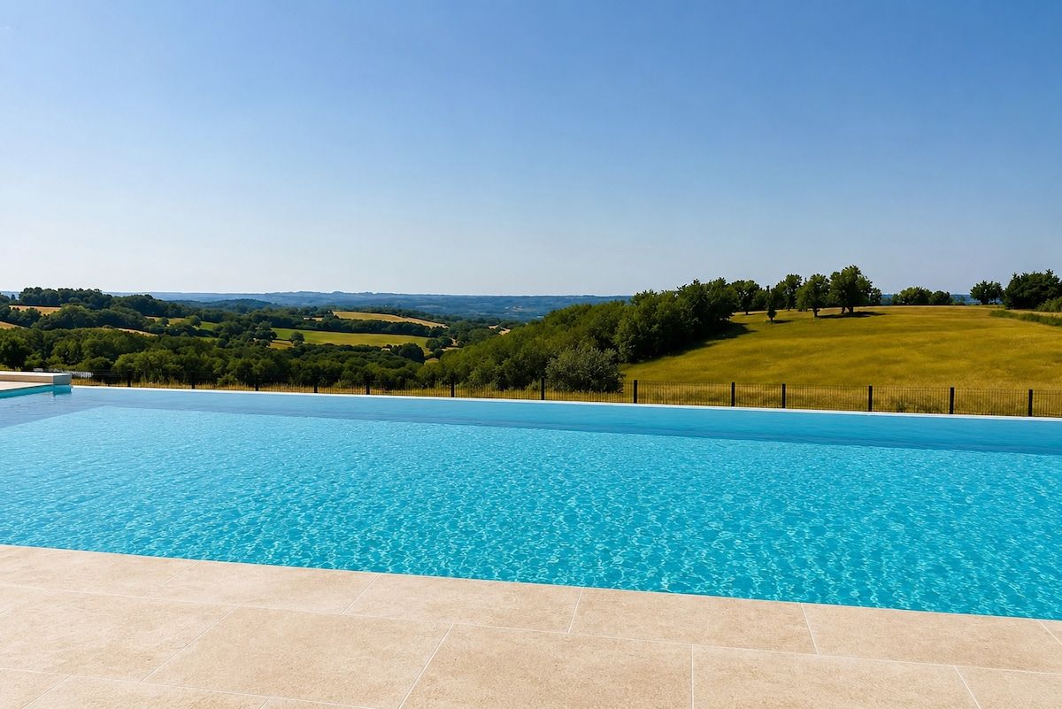 Una piscina rectangular con agua cristalina y un borde empinado con baldosas.