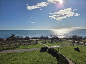 Un parc avec un sentier, des bancs et une vue sur l’océan.