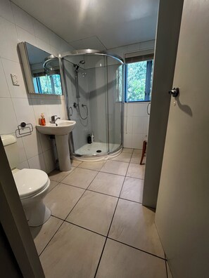 Chuveiro, secador de cabelo, toalhas de banho, sabonete