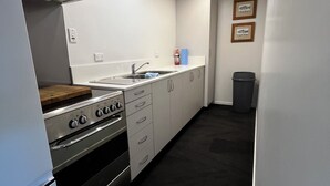Uma cozinha com fogão, forno, pia e luminária de teto em madeira.
