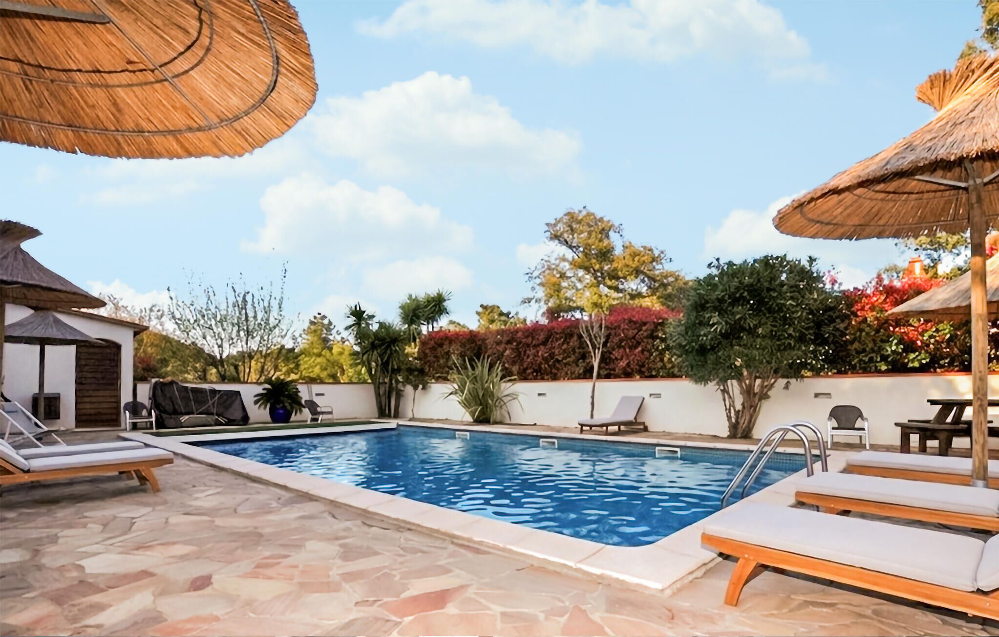 A swimming pool with lounge chairs and umbrellas, surrounded by a stone patio and various plants.