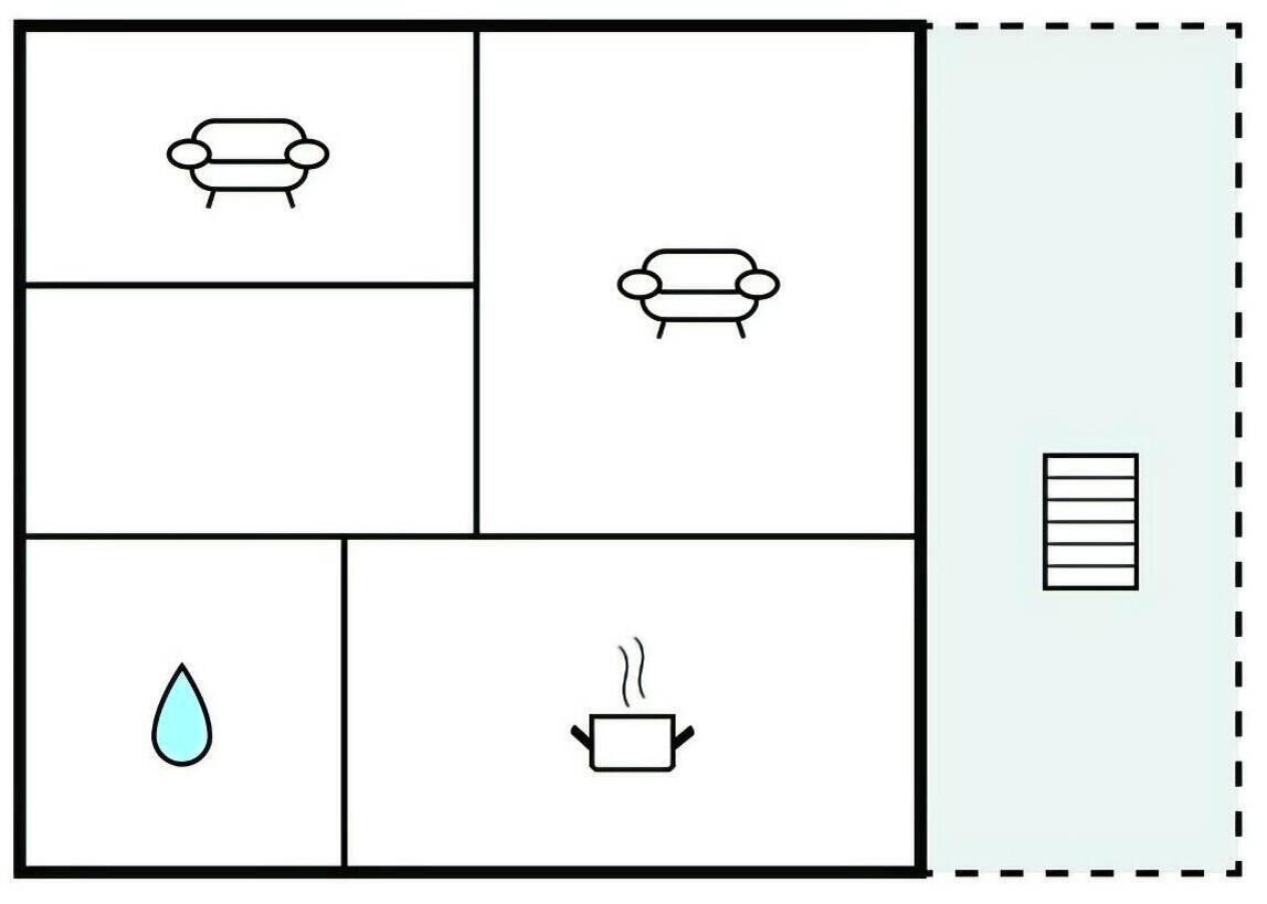 A room layout with a sofa, a small table, a water droplet icon, and a hot water icon.