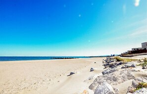 Ein Strand mit blauem Himmel, sandigem Ufer und einem Felsen mit Vegetation.