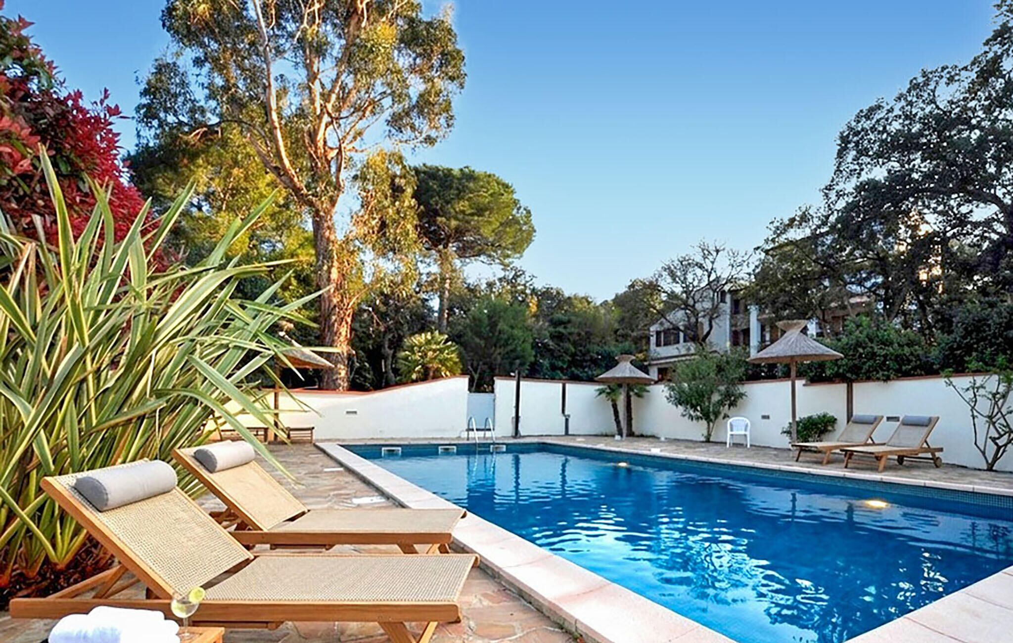 Ein Swimmingpool mit Liegestühlen, umgeben von Bäumen und einer weißen Mauer.